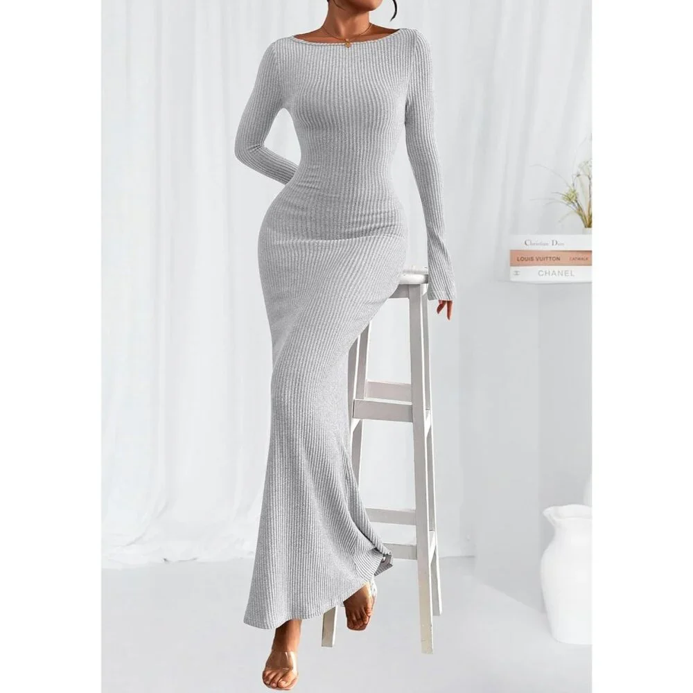 Women's Grey Long Sleeve Ribbed Knit Boat Neck Bodycon Casual Maxi Dress - Picture 5 of 8